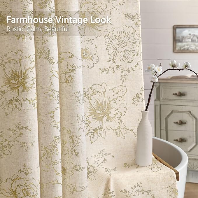 Farmhouse Floral Linen Shower Curtain, Vintage Beige Pattern Rustic Shower Curtains for Bathroom, Tan Taupe,72x90