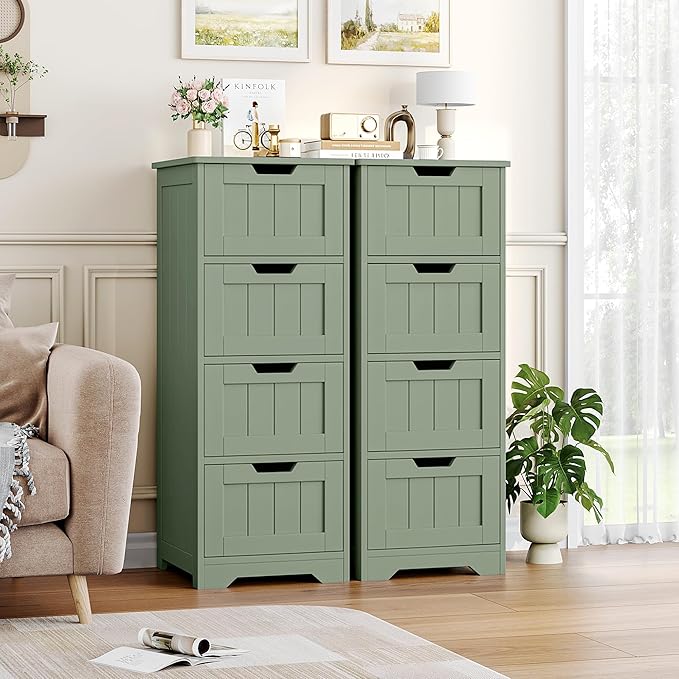FOTOSOK Bathroom Storage Cabinet Set of 2, Bathroom Cabinet with 4 Drawers, 11.8” x 11.8” x 32.5” Freestanding Entryway Cupboard Storage Organizer Unit Home Furniture Decor, Green