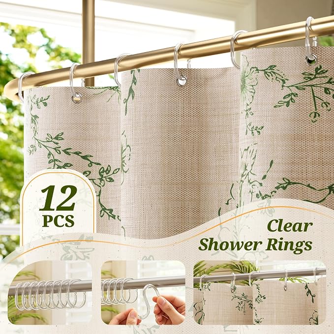 Vintage Green Floral Shower Curtain with 12 Clear Rings - 72" W x 84" L | Farmhouse Fabric Faux Linen Shower Curtain Set, French Country Cottagecore Style Shower Curtain for Bathroom