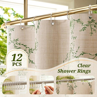 Vintage Green Floral Shower Curtain with 12 Clear Rings - 72" W x 84" L | Farmhouse Fabric Faux Linen Shower Curtain Set, French Country Cottagecore Style Shower Curtain for Bathroom