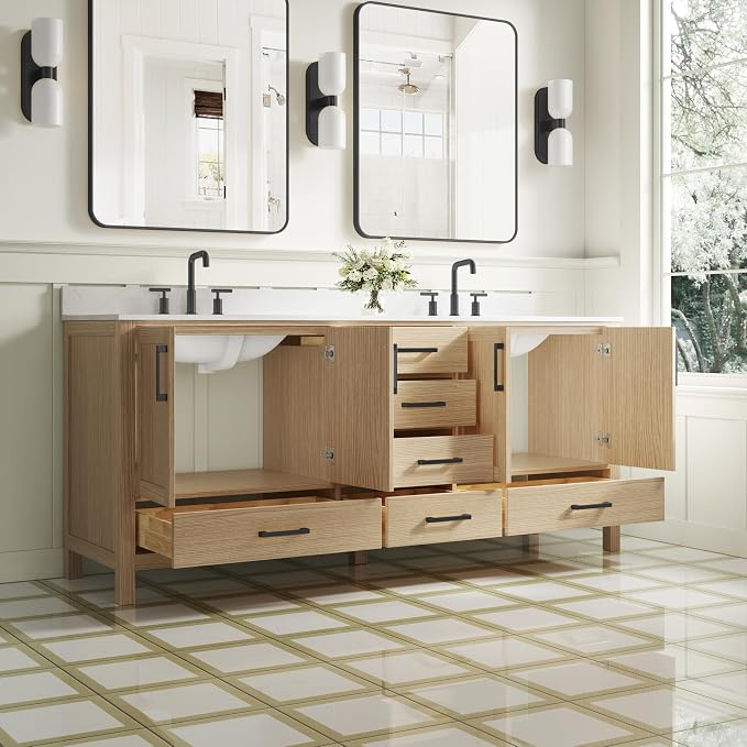 80-Inch Bathroom Vanity with Sink, 4 Soft-Close Doors and 6 Soft-Close Drawers, Bathroom Freestanding Vanity with Cultured Marble Countertop, Oak Vanity with Matte Black Handles
