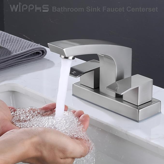 Brushed Nickel Bathroom Faucet, Stainless Steel Brush Nickel 2 Handle 4 inch Centerset Bathroom Sink Faucet 2 Hole with Pop Up Drain and cUPC Supply Hose, Satin Nickel Lavatory Faucet