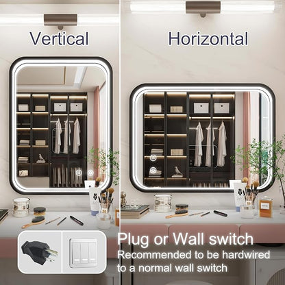24"x32" LED Bathroom Mirror with Lights, Black Aluminum Frame | 3000K/4500K/6000K, Stepless Dimmable, Anti-Fog, Memory Function, ETL Listed, Wall Mounted Lighted Bathroom Vanity Mirror