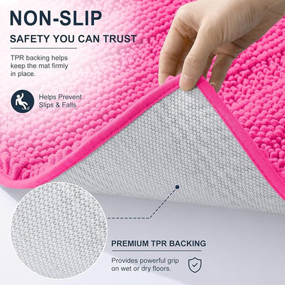 Smiry Thick Chenille Bathroom Rugs 30x20, Soft Absorbent Bath Mat, Hot Pink | Quick‑Dry & Machine Washable, Non‑Slip Bath Carpet, Striped Bath Rugs for Tub & Shower, Modern Home Decor Accessories
