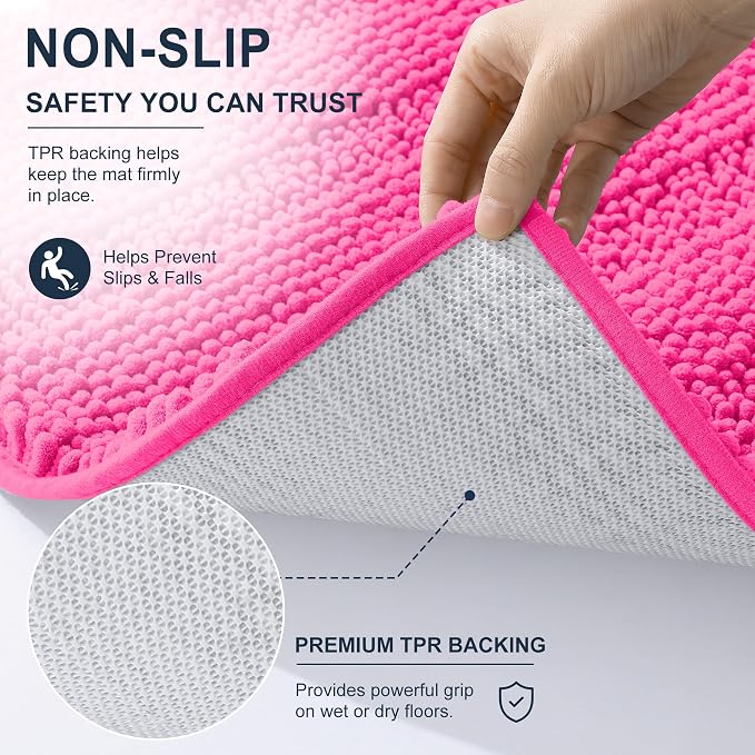 Smiry Thick Small Chenille Bathroom Rugs 24x16, Soft Bath Mat, Hot Pink | Quick‑Dry & Machine Washable, Non‑Slip Bath Carpet, Striped Bath Rugs for Tub & Shower, Modern Home Decor Accessories