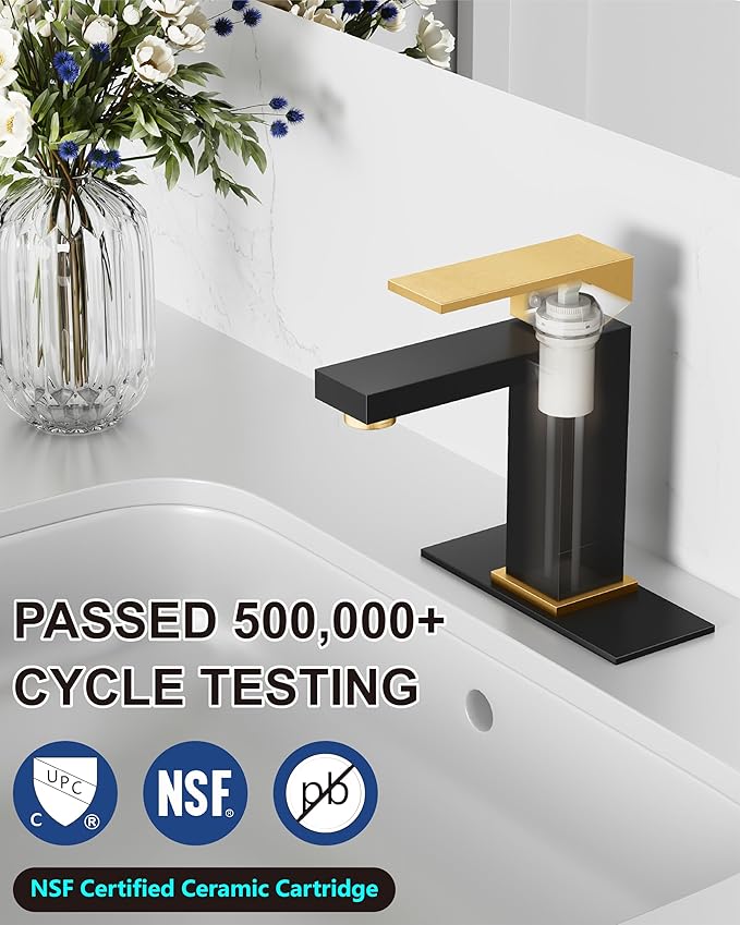 Midanya Bathroom Faucets 1 Hole, Single Handle Stainless Steel Bathroom Sink Faucet, Modern Vanity Faucets with Deck Plate,Water Supply Hoses and Pop Up Drain,Matte Black and Brushed Gold Handle