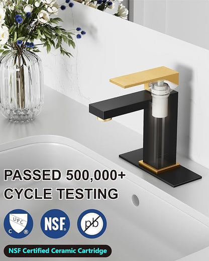 Midanya Bathroom Faucets 1 Hole, Single Handle Stainless Steel Bathroom Sink Faucet, Modern Vanity Faucets with Deck Plate,Water Supply Hoses and Pop Up Drain,Matte Black and Brushed Gold Handle