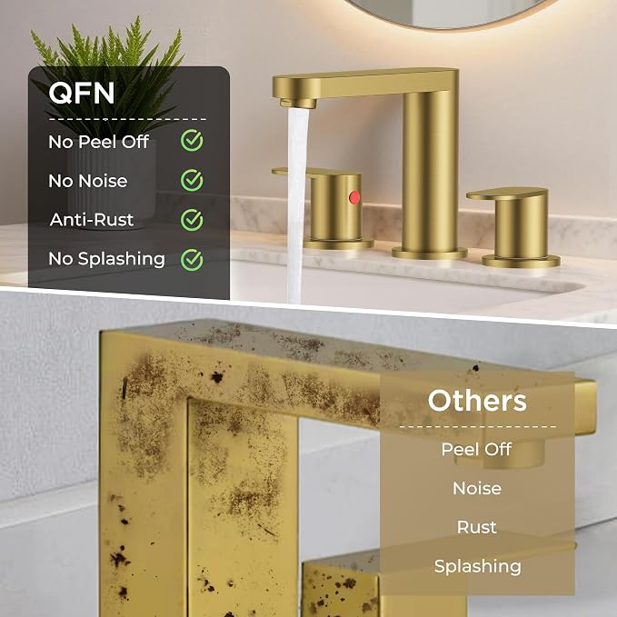 QFN Bathroom Faucet 3 Hole 8" Widespread Vanity Sink Faucet Brushed Gold | 304 Stainless Steel Bathroom Sink Faucet with Pop-up Drain, 6-12 Inch 3 Hole Install, for RV Laundry Farmhouse Restroom Sink
