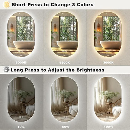 SMIROR 40x30 Oval Backlit LED Bathroom Vanity Mirror with Lights for Wall | Pill-Shaped, 3 Color Lighting, Anti-Fog, Memory, Tempered Glass, UL, Horizontal/ Vertical Wall- Mounted