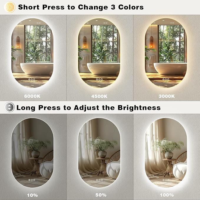 SMIROR 40x24 Oval Backlit LED Bathroom Vanity Mirror with Lights for Wall | Pill-Shaped, 3 Color Lighting, Anti-Fog, Memory, Tempered Glass, UL, Horizontal/ Vertical Wall- Mounted