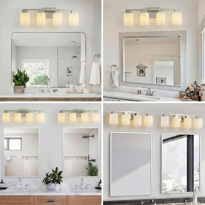 4-Light Square Bathroom Light Fixture, Brushed Nickel Modern Vanity Light with White Marble Glass Shade, for Bathroom Mirror, Living Room, Bedroom, Hallway, E26 Base