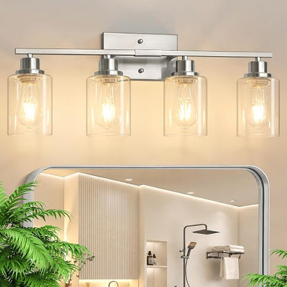 Ascher 4 Light Bathroom Light Fixture, Brushed Nickel Bathroom Lighting Fixtures Over Mirror, Vanity Light with Clear Glass Shade, Wall Sconce for Living Room Bedroom Cabinet, E26 Base