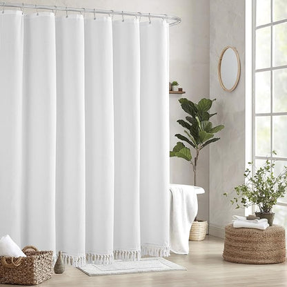 Linen Shower Curtain Boho White Shower Curtain with Tassels 72"W x 72"L | Thick linen-poly blend, soft textured drape, handcrafted fringe, neutral rustic farmhouse bathroom decor