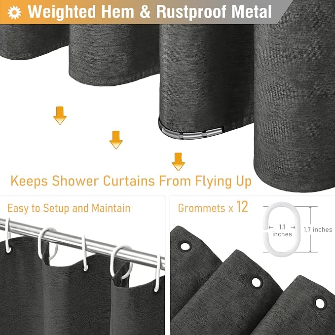 Extra Long Linen Textured Fabric Shower Curtain, 72x96, Charcoal Gray | Extra Tall Size, 230GSM Polyester, Heavy Duty Cloth, Weighted Hem, 12 Plastic Hooks, Modern Hotel Style, Machine Washable