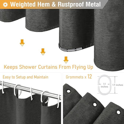 Long Linen Textured Waterproof Shower Curtain Set, 72x84, Grey/Gray | Tall Size, 230GSM Polyester, Heavy Duty Cloth, Weighted Hem, 12 Plastic Hooks, Modern Luxury Hotel Style, Machine Washable