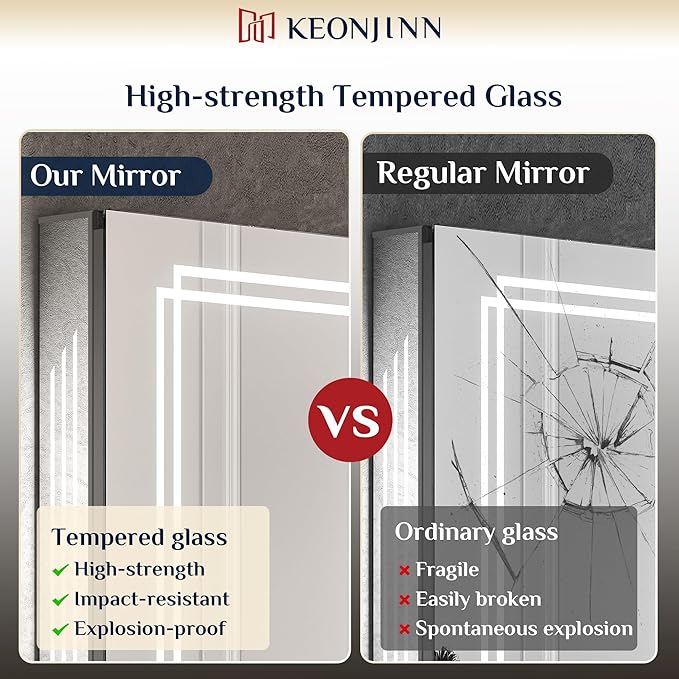 Keonjinn 30 x 26 in LED Medicine Cabinet, Bathroom Mirror Medicine Cabinets with Lights, Double Doors, Tempered Glass, UL-Listed, No Outlets, Adjustable Shelves, 3 Color Lights, Wall Mount Only