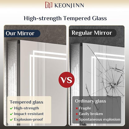 Keonjinn 30 x 26 in LED Medicine Cabinet, Bathroom Mirror Medicine Cabinets with Lights, Double Doors, Tempered Glass, UL-Listed, No Outlets, Adjustable Shelves, 3 Color Lights, Wall Mount Only