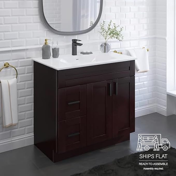 36" Espresso Shaker Bathroom Vanity Base – Ready-to-Assemble Sink Cabinet with Drawers, Freestanding Bathroom Vanity Base Only, No Top or Sink