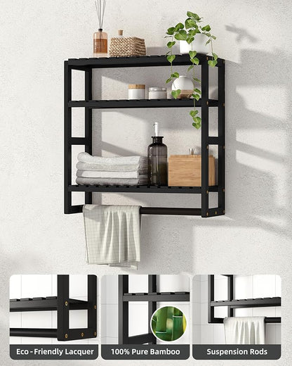 Galood Bathroom Shelves Towel Racks Over Toilet Storage with Bar (Inky) | 3 Tier Floating Wall Mounted Space Saving Bamboo Paper Holder for Bathroom Laundry Room Kitchen Organizers
