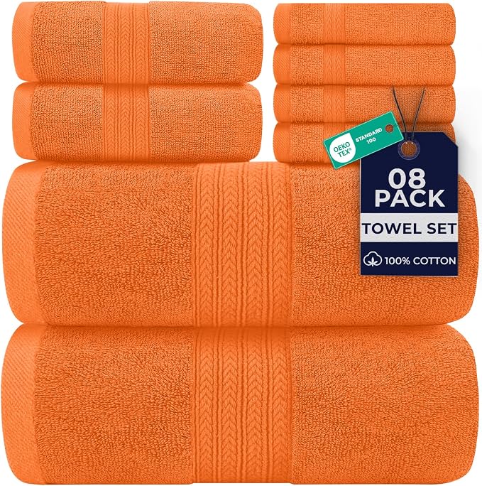 DAN RIVER 8 Piece Luxury Bath Towels for Bathroom, Towel Set, Orange | 2 Bath towels, 2 Hand towels, and 4 Wash Cloths, 600 GSM 100% Ring Spun Cotton, Highly Absorbent, Gym, Hotel, guest, and Spa