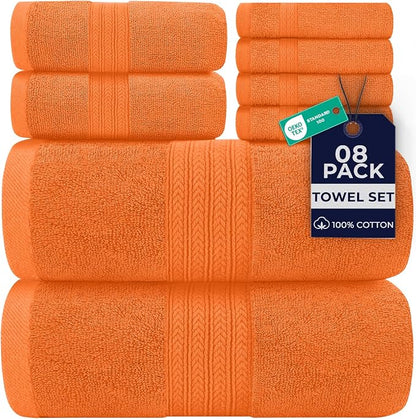 DAN RIVER 8 Piece Luxury Bath Towels for Bathroom, Towel Set, Orange | 2 Bath towels, 2 Hand towels, and 4 Wash Cloths, 600 GSM 100% Ring Spun Cotton, Highly Absorbent, Gym, Hotel, guest, and Spa