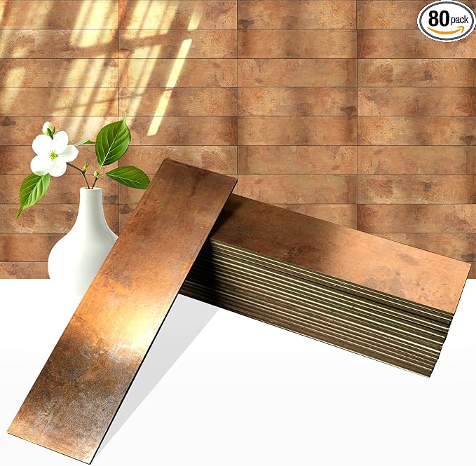 80-Piece Retro Copper Thick PVC Peel and Stick Backsplash, 2" x 8" Waterproof Subway Tile Peel and Stick Wall Tiles for Kitchen and Bathroom