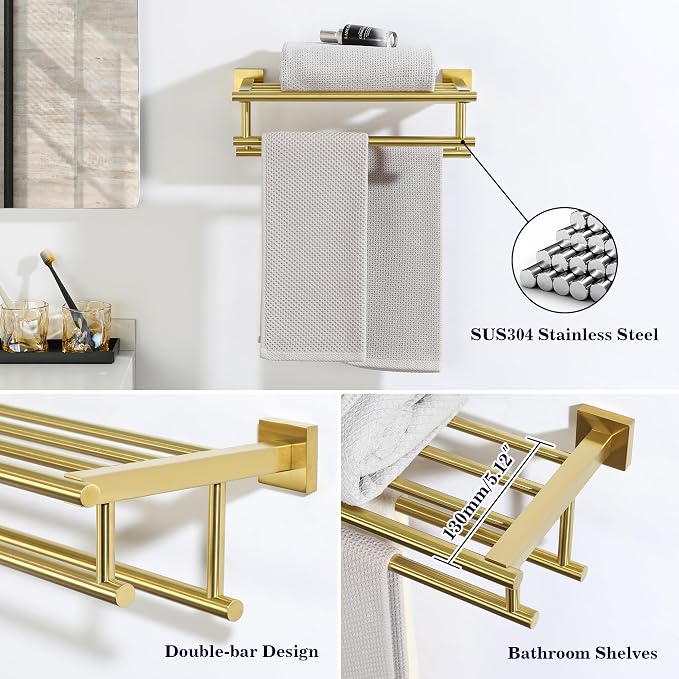 Alise Double Towel Rack for Bathroom Wall Mounted 16 Inch,Gold | Bathroom Tower Holder Towel Shelf with Double Towel Bars,SUS304 Stainless Steel Towel Rack with Shelf for Lavatory Kitchen