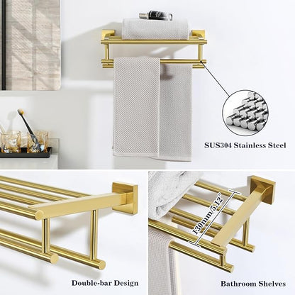 Alise Double Towel Rack for Bathroom Wall Mounted 16 Inch,Gold | Bathroom Tower Holder Towel Shelf with Double Towel Bars,SUS304 Stainless Steel Towel Rack with Shelf for Lavatory Kitchen