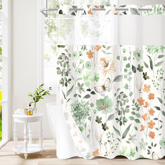 No Hook Sage Green Watercolor Floral Shower Curtain and Liner Set, 72x74 | Spring Flower Shower Curtains with Snap-in Liner for Farmhouse Bathroom Decor, Botanical Bathroom Curtain with Leaves