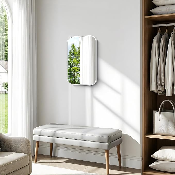 BONEWEI White Bathroom Mirror,16x24 inch Wall Mirror for Bathroom Wall Mounted,Rectangle Mirror for Bathroom Over Sink,Modern Frame Round Corner for Living Room,Bedroom Entryway,Horizontal/Vertical