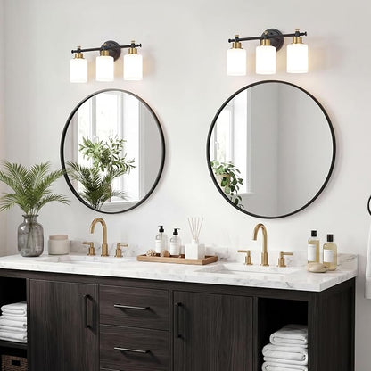 3 Light Black and Gold Bathroom Vanity Light Fixture over Mirror, 17.5'' | Vanity Lights for Bathroom, Bedroom, Living Room, White Frosted Glass Shades, Modern, E26(Bulbs Not Included)