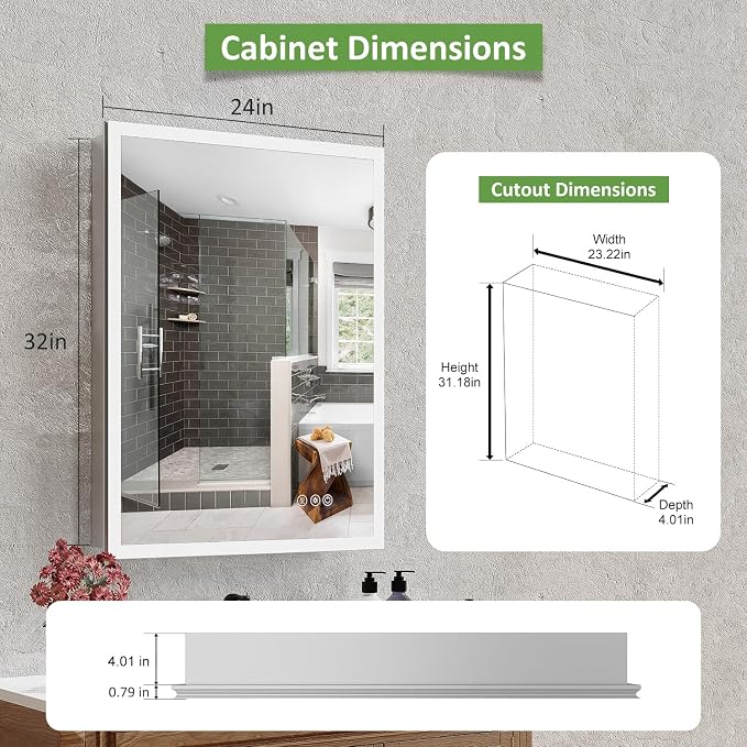 Medicine Cabinet with Lights, Bathroom LED Mirror Cabinet with Storage, Anti-Fog & 3 Color Lights, Recessed or Wall Mounted (24X32 in)