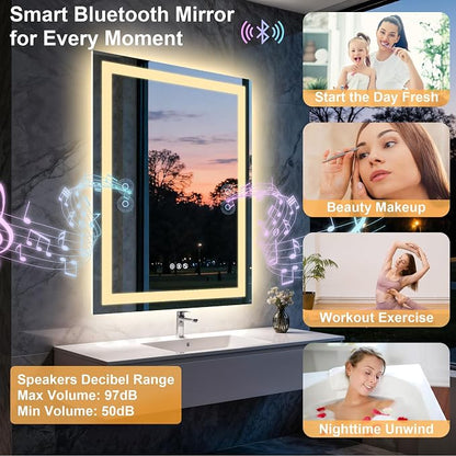 20"x28" LED Bathroom Mirror with Lights,Bluetooth Dual Speaker | Anti-Fog,3 Color Temperature,Dimmable Brightness,Memory Function,Waterproof,Wall Mount Design,Tempered Glass