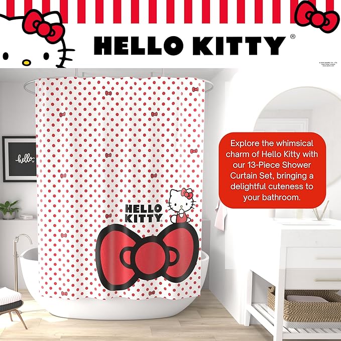 Sanrio Hello Kitty 13-Piece Shower Curtain Set, 72" x 70" Fabric Curtain with Hooks, Polka Dot Kawaii Bathroom Decor, Machine Washable, (100% Officially Licensed Product) by Franco Collectibles