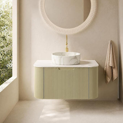 30 Inch Bathroom Vanity with Sink, Floating Wall Mounted Single Sink Vanity, Sage Green Curved Fluted Front, Stone Top, Marble-Look Round Vessel Basin, Pre-Assembled