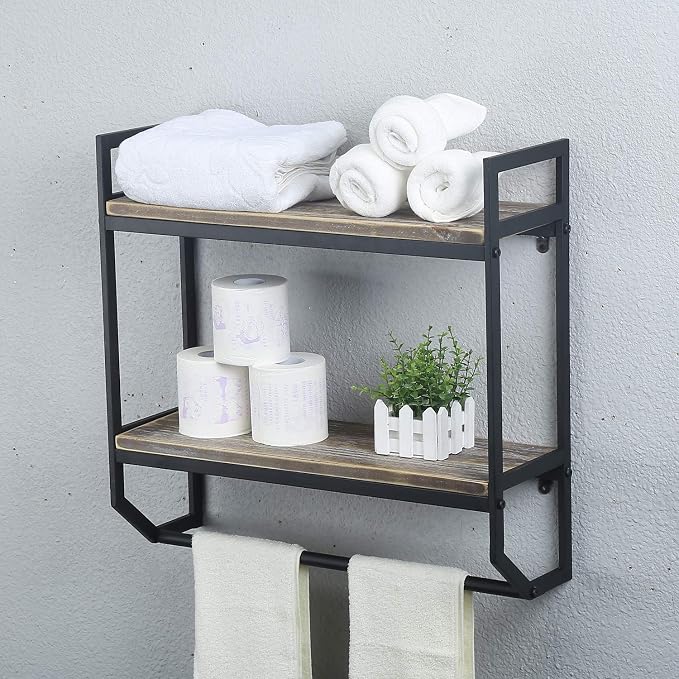 Towel Rack with Towel Bar,2-Tier 24" Bathroom Shelves Wall Mounted,Rustic Wall Shelf Over Toilet,Utility Storage Shelf Rack,Floating Shelves Towel Holder,Black