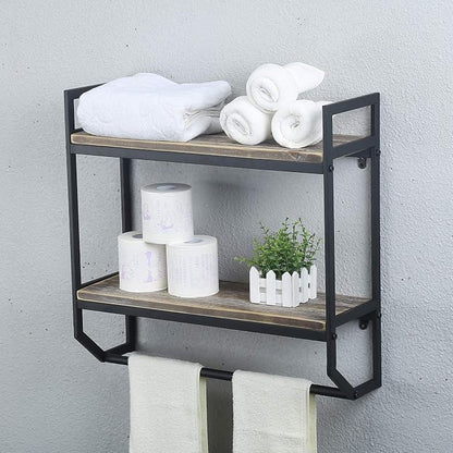 Towel Rack with Towel Bar,2-Tier 24" Bathroom Shelves Wall Mounted,Rustic Wall Shelf Over Toilet,Utility Storage Shelf Rack,Floating Shelves Towel Holder,Black