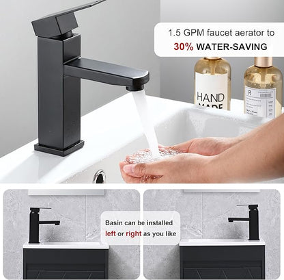 16" Bathroom Vanity Sink Combo for Small Space, Wall Mounted Bathroom Cabinet Set with White Resin Basin Sink Top Black Faucet Pop Up Drain Black