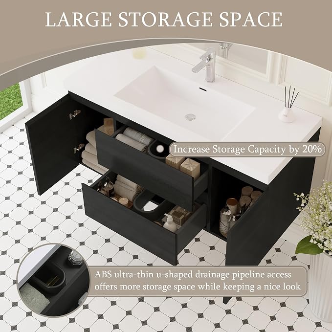 Floating Bathroom Vanity with Sink, 48" Wall-Mounted Bathroom Storage Vanity Cabinet with Resin Top Basin and Soft Close Drawers, No Assembly Required, Espresso Wood