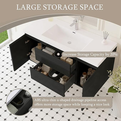 Floating Bathroom Vanity with Sink, 48" Wall-Mounted Bathroom Storage Vanity Cabinet with Resin Top Basin and Soft Close Drawers, No Assembly Required, Espresso Wood