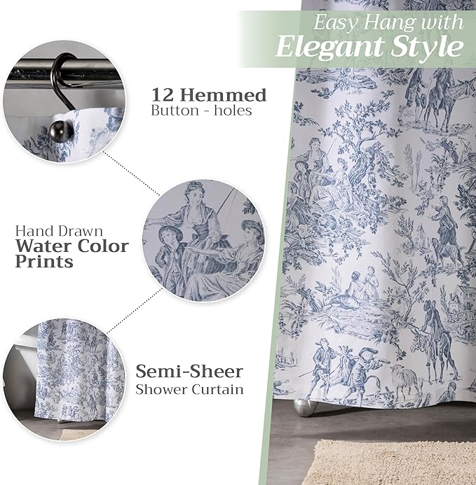 Maison d' Hermine Shower Curtain 100% Cotton One Panel 70"x72" Washable Fabric Shower Curtains for Bathroom, Easy Hanging with 12 Button Holes - Home Hotel Spa Easter Gifts (The Miller - Blue)