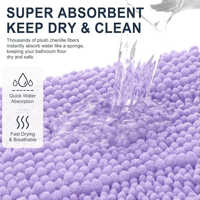Smiry Thick Chenille Bathroom Runner Rugs 47x24, Soft Bath Mat, Lavender | Quick‑Dry & Machine Washable, Non‑Slip Bath Carpet, Striped Bath Rugs for Tub & Shower, Modern Home Decor Accessories