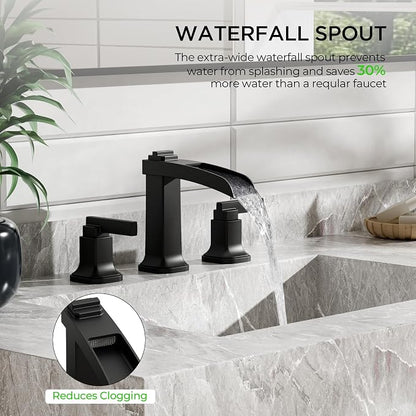 FORIOUS Brass Matte Black Commercial Bathroom Faucets 3 Hole, Waterfall Modern Widespread 8 Inch Bathroom Sink Faucet with Metal Pop-up Drain and Pre-Assembled Hose for Vanity, Restroom,Bathtub