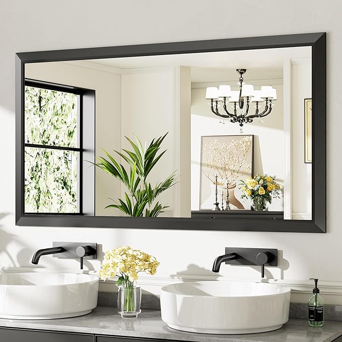 55.1x30.1 Inch Black Bathroom Mirror for Wall, Thick Metal Framed Rectangle Mirrors for Over Sink, Bedroom, Living Room, Entryway, Anti-Rust, HD Tempered Glass