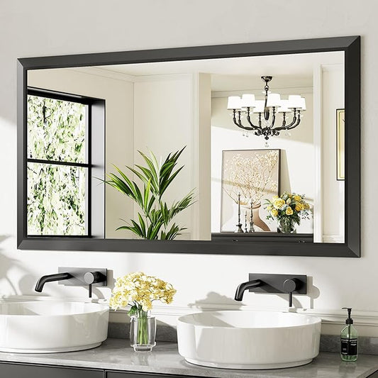 55.1x30.1 Inch Black Bathroom Mirror for Wall, Thick Metal Framed Rectangle Mirrors for Over Sink, Bedroom, Living Room, Entryway, Anti-Rust, HD Tempered Glass