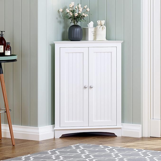 Spirich Corner Bathroom Cabinet with Doors and Adjustable Shelf, White | 2 Beadboard Doors, Adjustable Shelf, Space-Saving Triangular Design for Bathrooms, Kitchens, Living Rooms, and Entryways