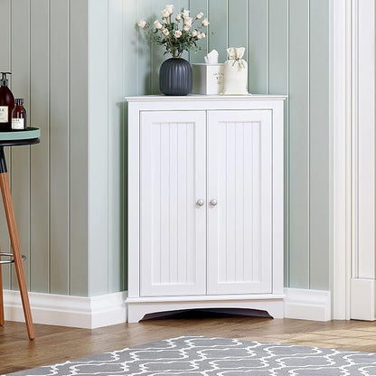 Spirich Corner Bathroom Cabinet with Doors and Adjustable Shelf, White | 2 Beadboard Doors, Adjustable Shelf, Space-Saving Triangular Design for Bathrooms, Kitchens, Living Rooms, and Entryways