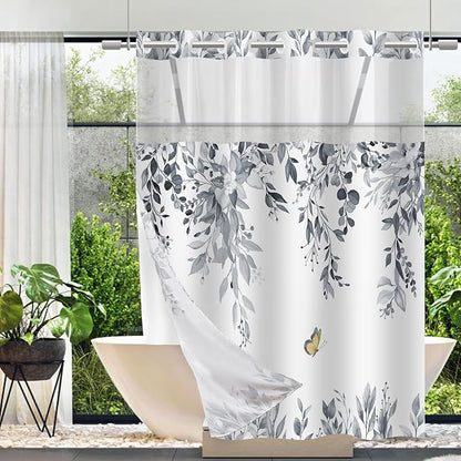 No Hook Shower Curtain and Liner Set, Blue Grey Eucalyptus 71x84 | Floral Design, with Snap in Liner, See-Through Top Window, Waterproof, Machine Washable, Quick-Drying, for Hotel Bathroom