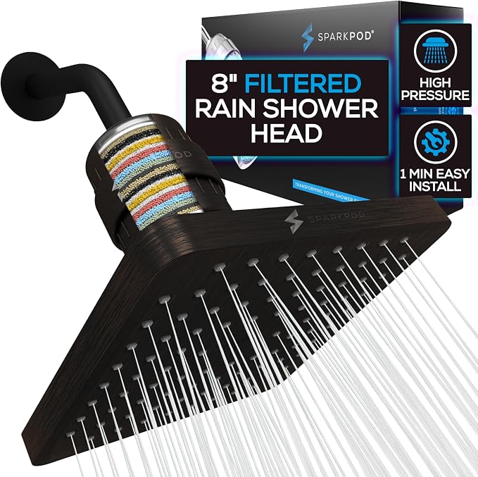 SparkPod Filtered Shower Head, 23-Stage, 8" Square, Oil-Rubbed Bronze | Showerhead for Hard Water, High Pressure, Reduces Chlorine, Heavy Metals, For Dry Skin & Hair, Removable Capsule Filter