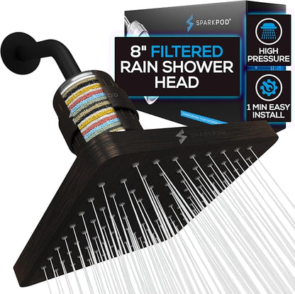 SparkPod Filtered Shower Head, 23-Stage, 8" Square, Oil-Rubbed Bronze | Showerhead for Hard Water, High Pressure, Reduces Chlorine, Heavy Metals, For Dry Skin & Hair, Removable Capsule Filter
